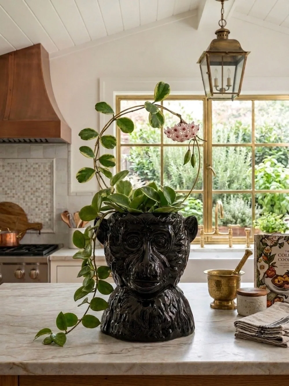 Black Ceramic Monkey Planter Pot with Drainage, Unique Monkey Head Vase